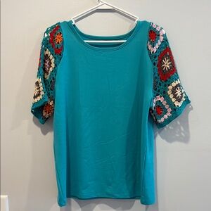 Blue and Red Boxy Short Sleeve Blouse